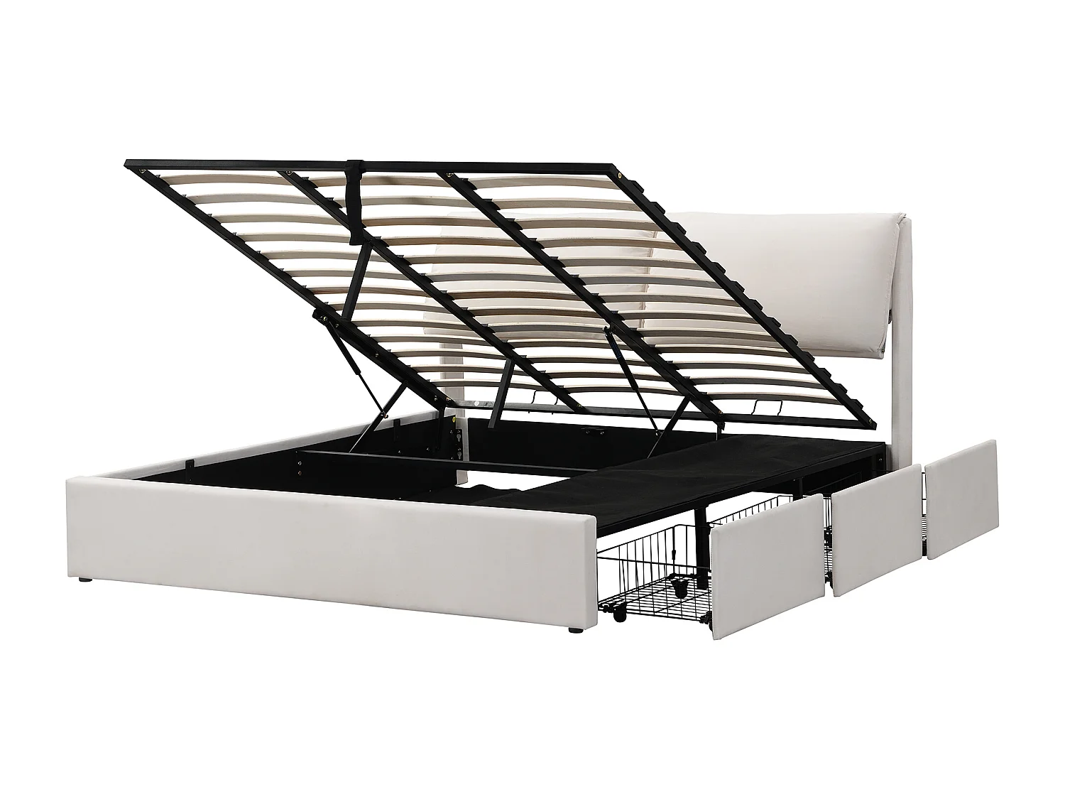 Lit rembourré, 180 * 200, lit hydraulique, trois tiroirs, boîte de rangement, sommier à lattes avec tête de lit, sans matelas, velours, beige