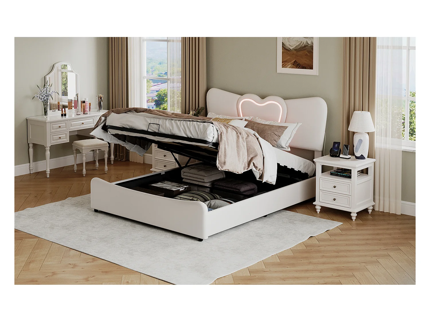 Lit double rembourré 140x200 cm/160x200 cm, lit coffre avec tête de lit en forme de cœur, réglable, cadre de lit hydraulique, velours, beige, sans matelas