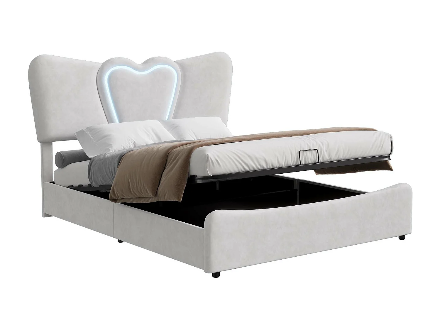 Lit double rembourré 140x200 cm/160x200 cm, lit coffre avec tête de lit en forme de cœur, réglable, cadre de lit hydraulique, velours, beige, sans matelas