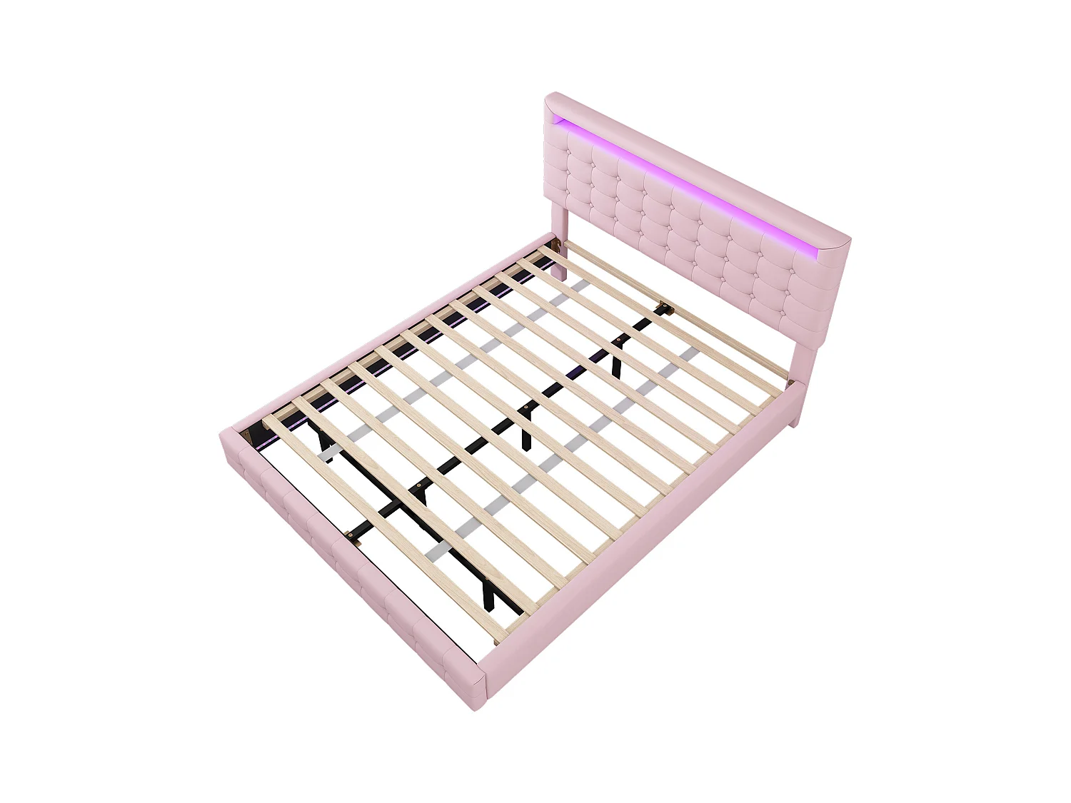 Cama flutuante de casal 140x200 cm com luz LED e cabeceira ajustável, pele sintética rosa, sem colchão