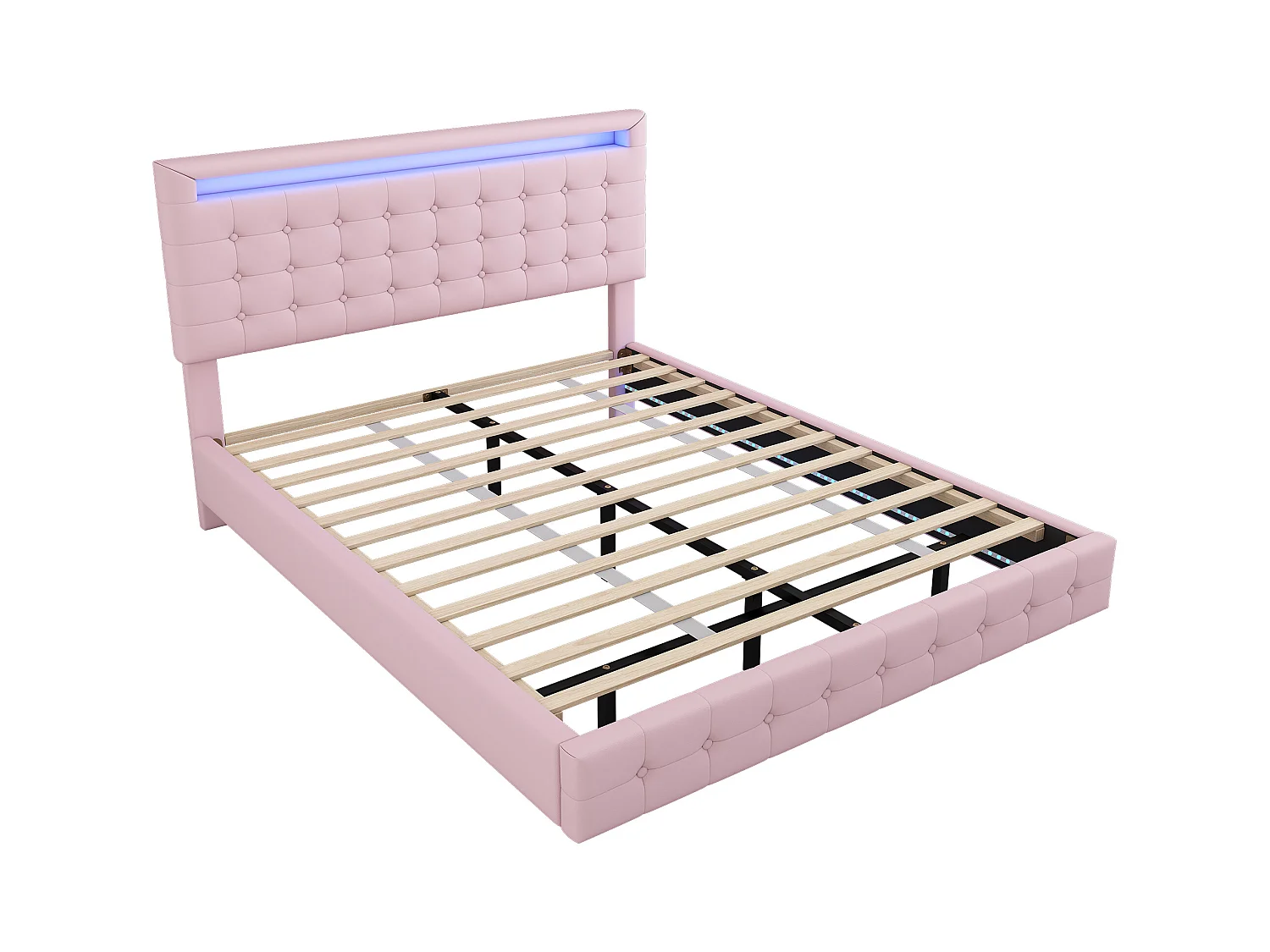 Cama flutuante de casal 140x200 cm com luz LED e cabeceira ajustável, pele sintética rosa, sem colchão