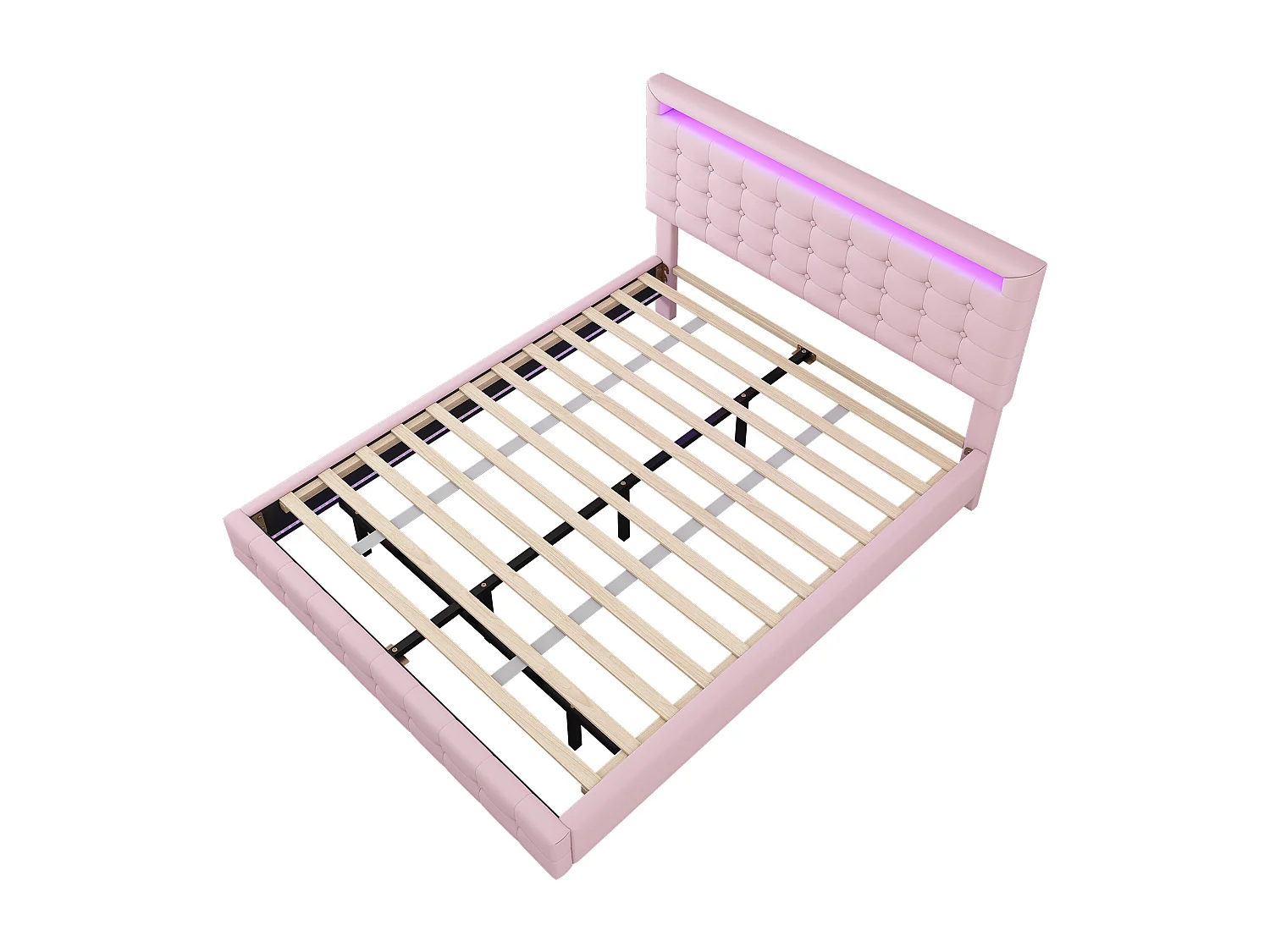 Letto sospeso 140x200 cm per adulti con LED e testiera regolabile, ecopelle rosa, senza materasso