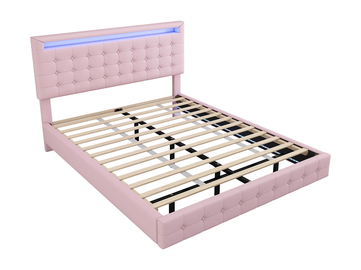 Letto sospeso 140x200 cm per adulti con LED e testiera regolabile, ecopelle rosa, senza materasso