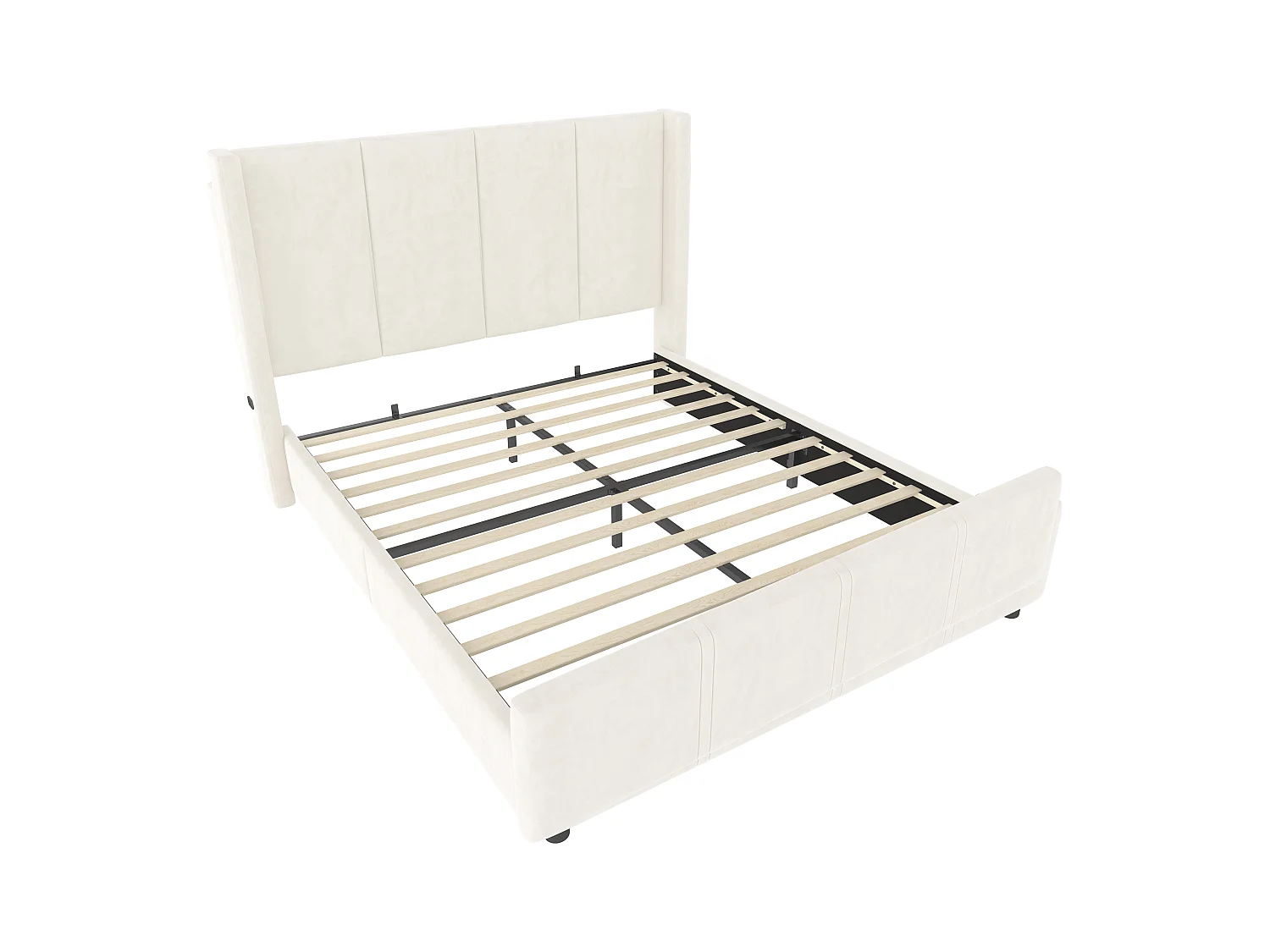 Lit adulte 160x200cm avec USB type-C, en velours beige, sommier à lattes, sans matelas