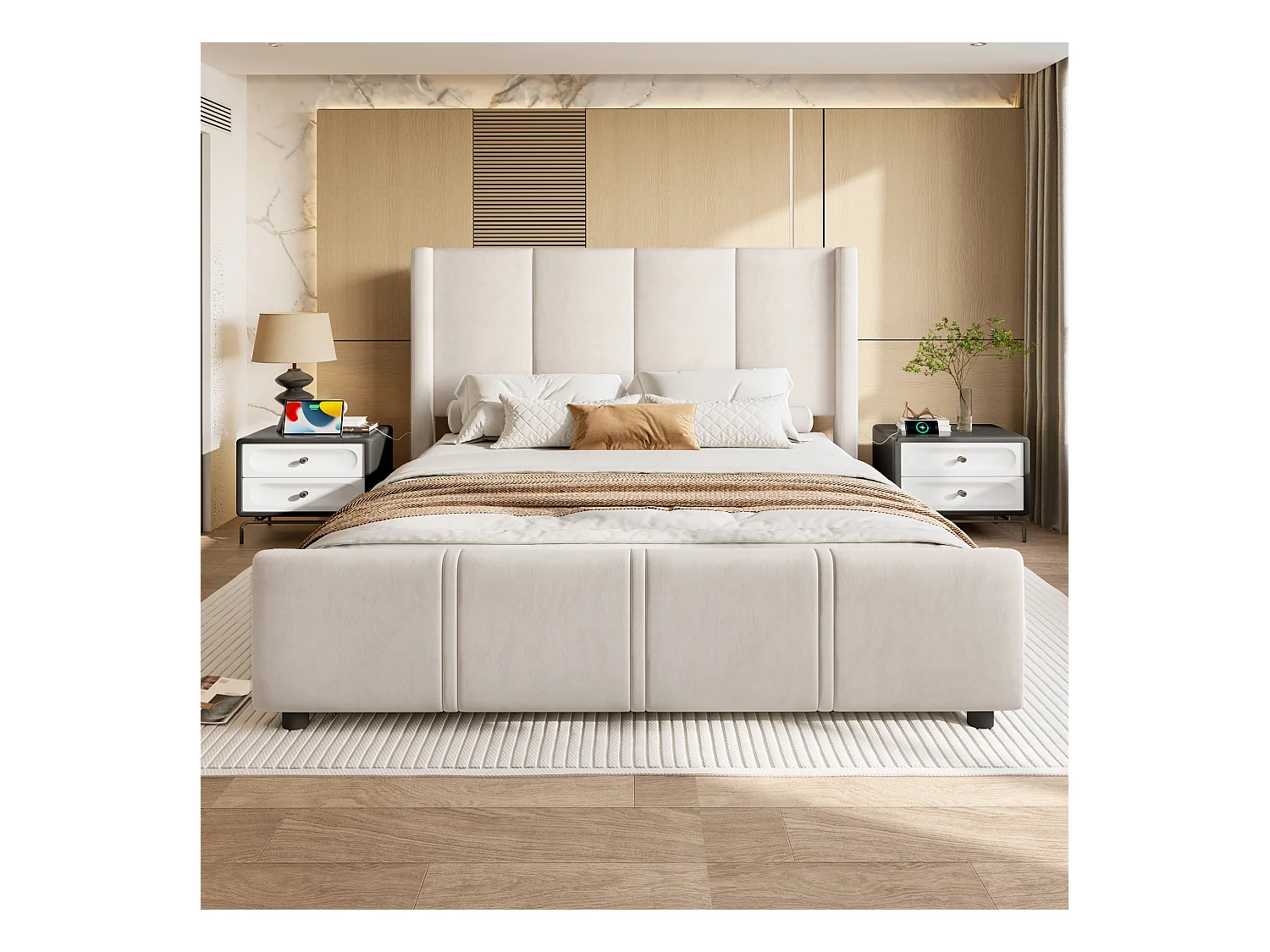 Lit adulte 160x200cm avec USB type-C, en velours beige, sommier à lattes, sans matelas