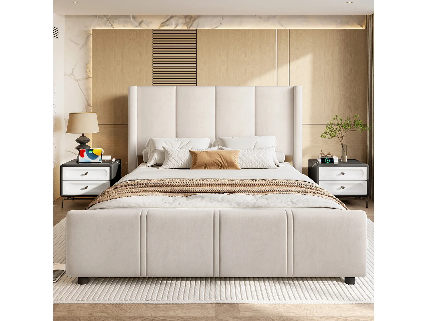 Lit adulte 160x200cm avec USB type-C, en velours beige, sommier à lattes, sans matelas