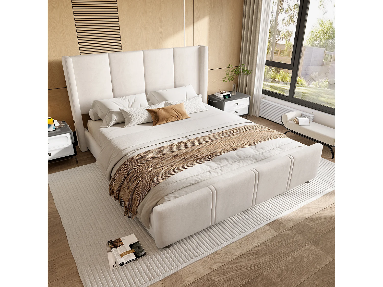 Bed voor volwassenen 160x200 cm met USB type-C poort, beige fluwelen bekleding, lattenbodem, zonder matras