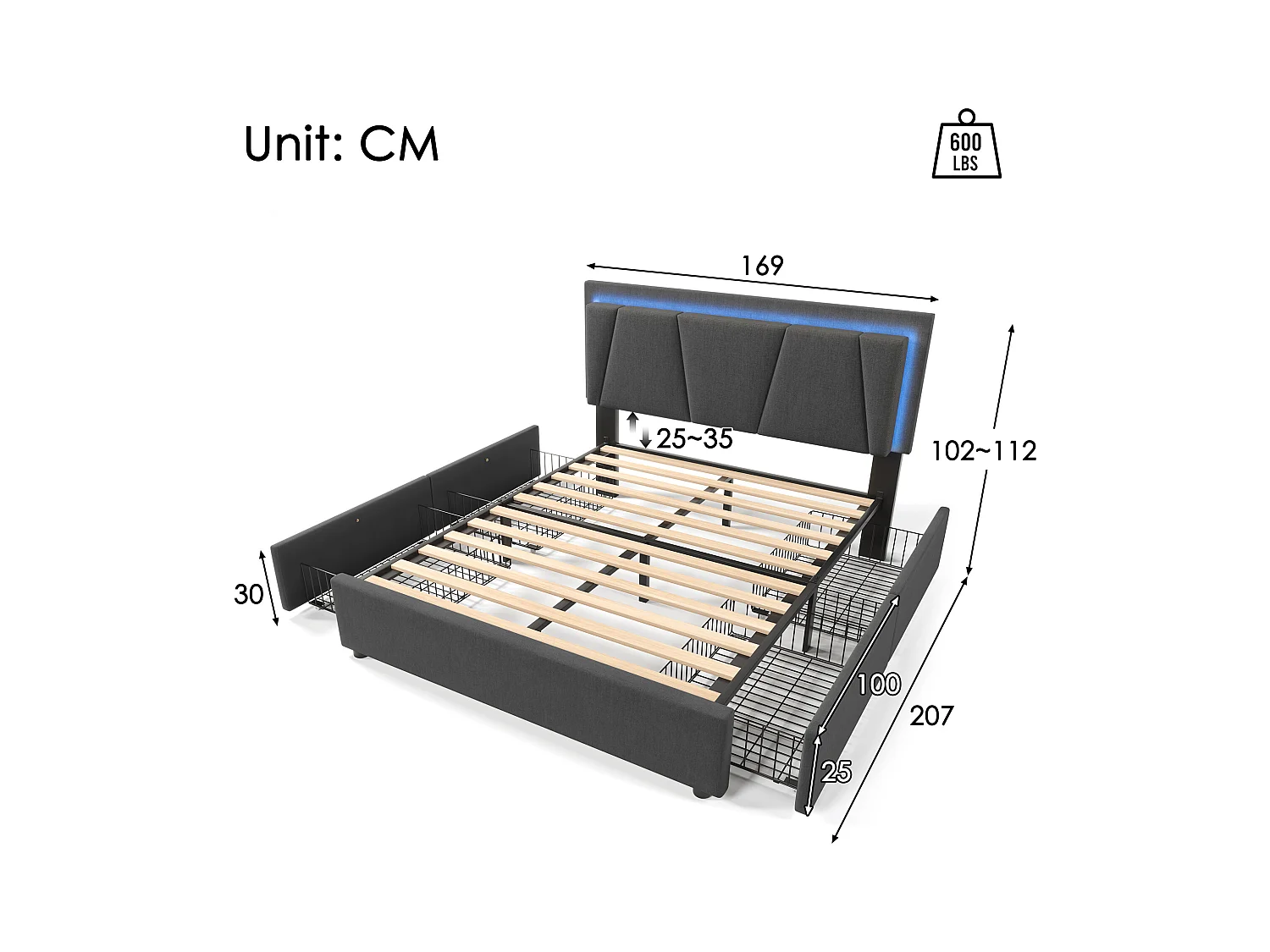 Lit adulte 160x200cm avec 4 tiroirs et LED, tête de lit réglable en hauteur, lin gris, sans matelas