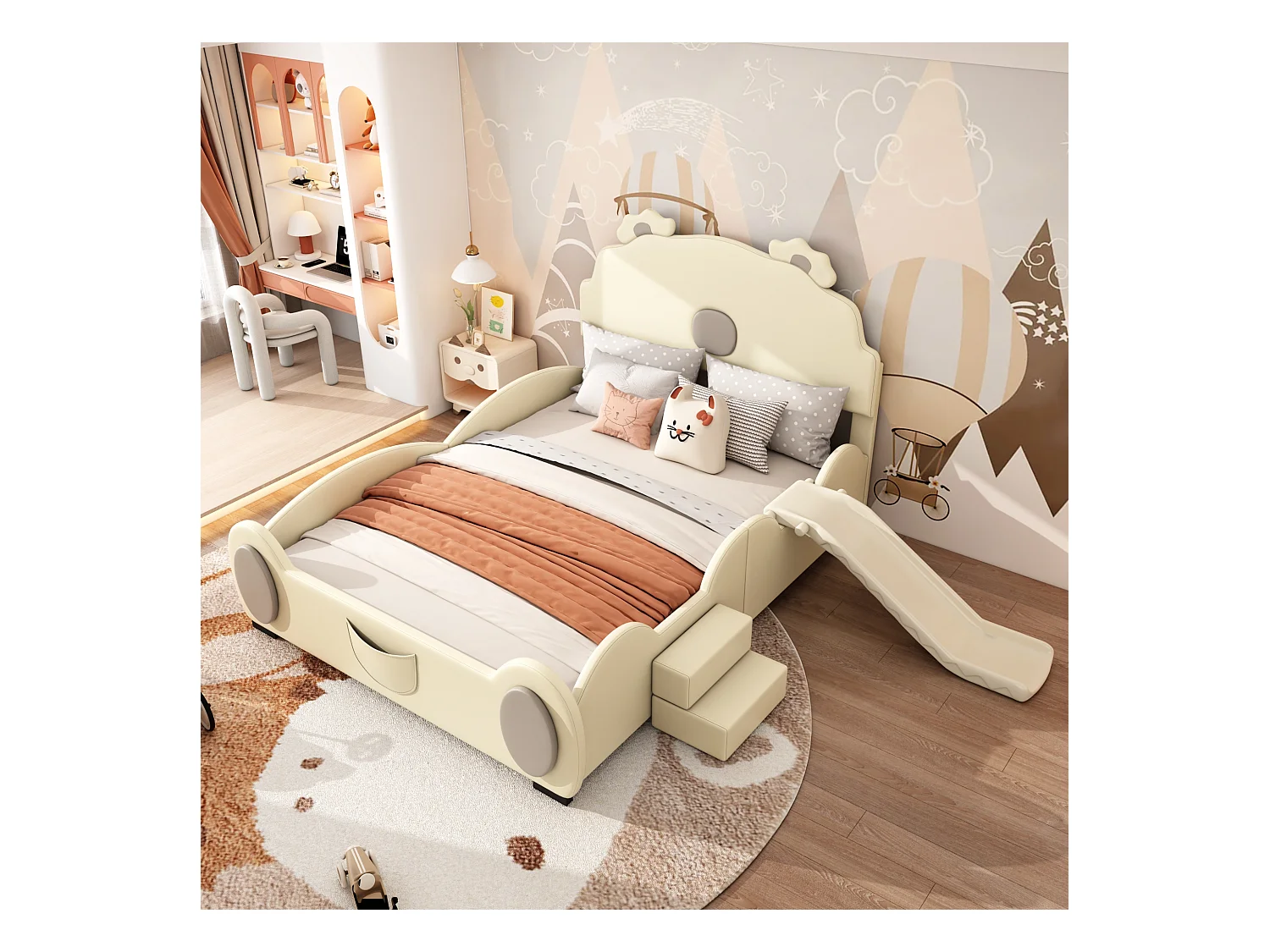 Cama infantil 140x200 cm em forma de urso com escorrega e escada retrátil, PU bege, sem colchão