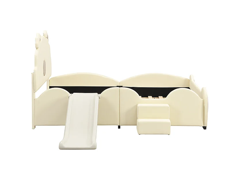 Lit enfant 140x200cm en forme d'ours avec toboggan et marche escamotable, en PU beige, sans matelas