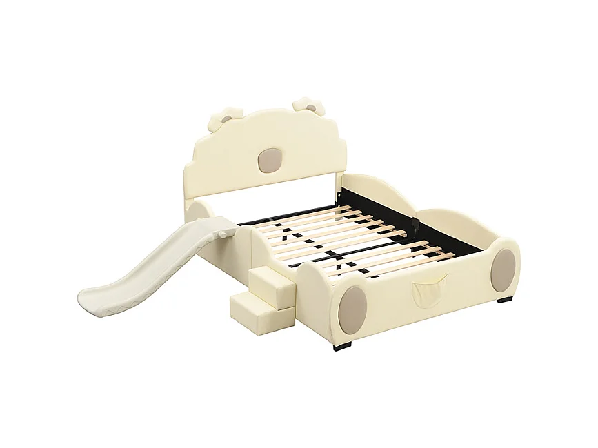 Lit enfant 140x200cm en forme d'ours avec toboggan et marche escamotable, en PU beige, sans matelas
