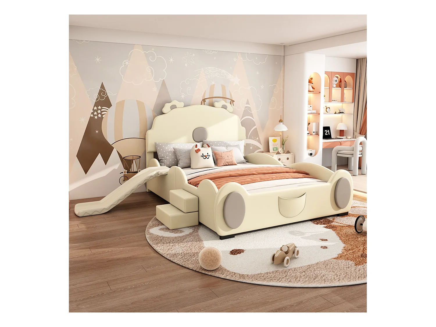 Lit enfant 140x200cm en forme d'ours avec toboggan et marche escamotable, en PU beige, sans matelas