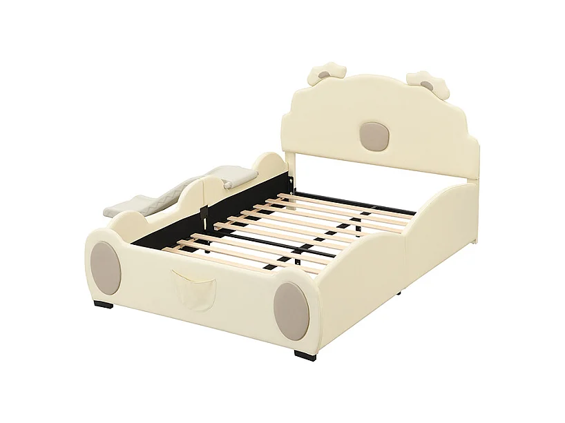 Lit enfant 140x200cm en forme d'ours avec toboggan et marche escamotable, en PU beige, sans matelas
