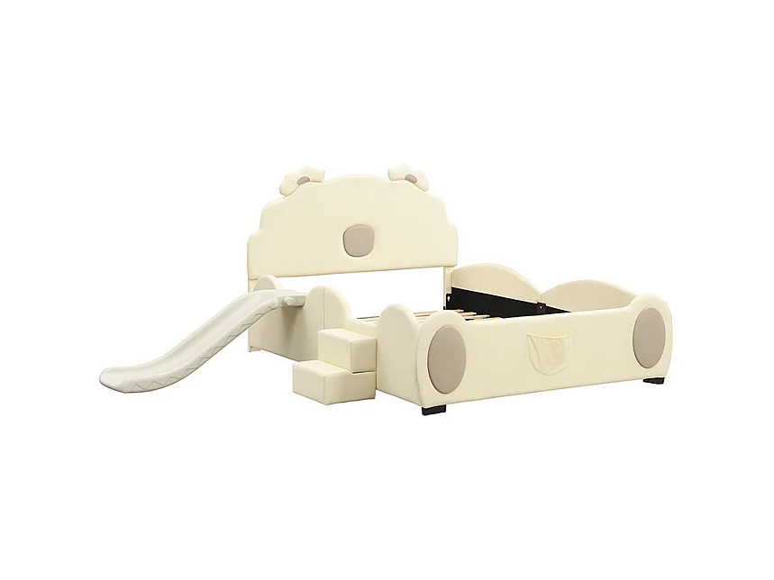 Lit enfant 140x200cm en forme d'ours avec toboggan et marche escamotable, en PU beige, sans matelas
