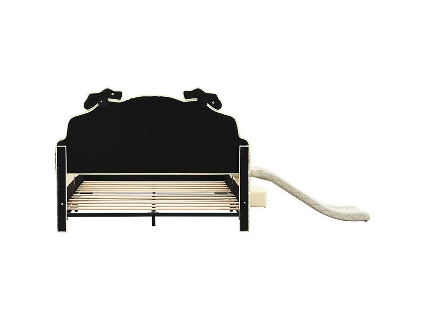 Lit enfant 140x200cm en forme d'ours avec toboggan et marche escamotable, en PU beige, sans matelas