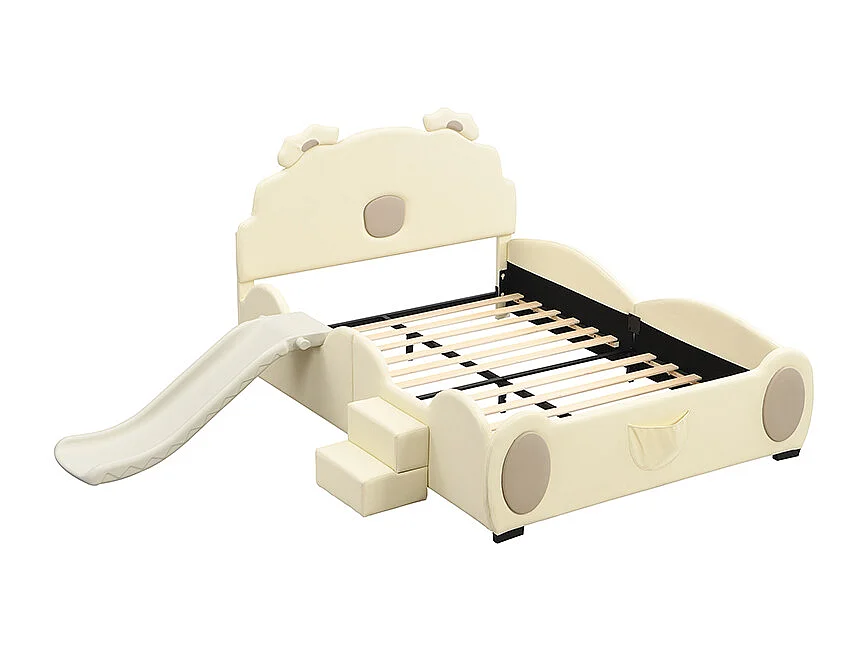 Lit enfant 140x200cm en forme d'ours avec toboggan et marche escamotable, en PU beige, sans matelas