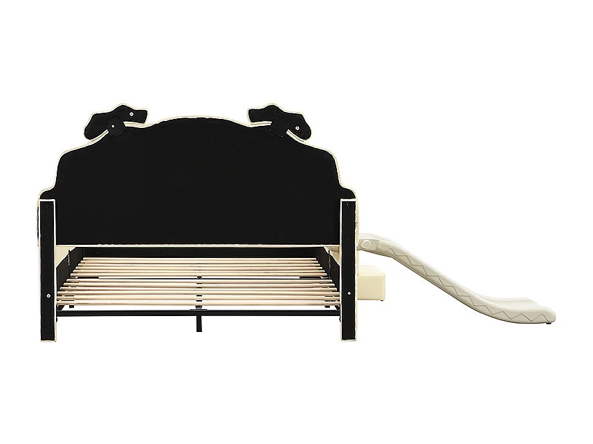 Lit enfant 140x200cm en forme d'ours avec toboggan et marche escamotable, en PU beige, sans matelas