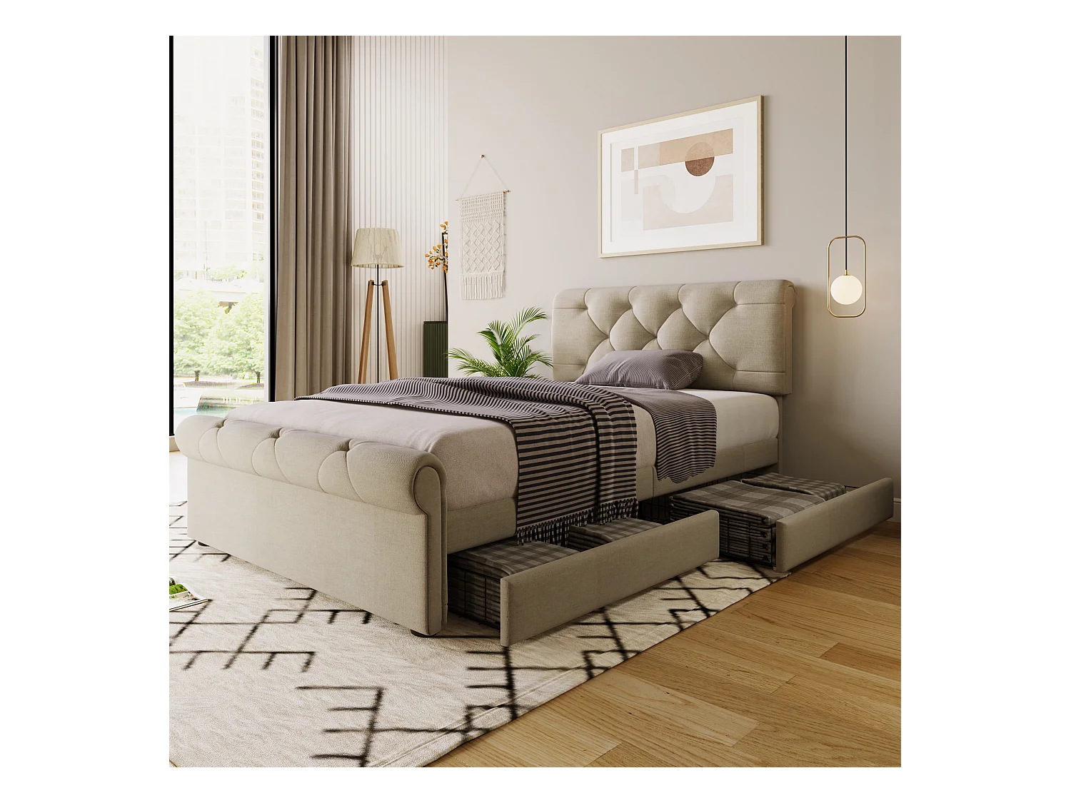 Lit adulte 90x200cm avec 2 tiroirs et tête de lit réglable, lin, beige, sans matelas