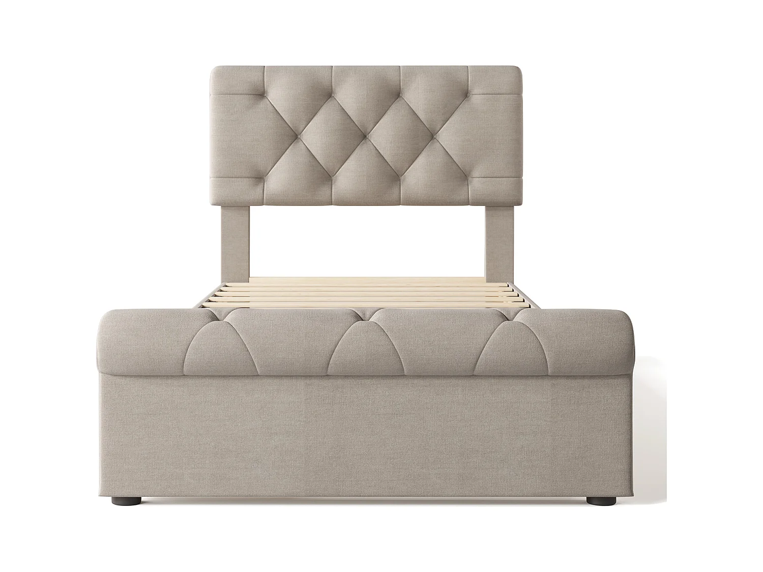 Lit adulte 90x200cm avec 2 tiroirs et tête de lit réglable, lin, beige, sans matelas