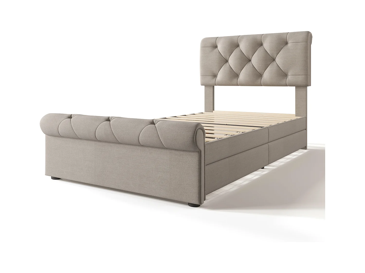 Lit adulte 90x200cm avec 2 tiroirs et tête de lit réglable, lin, beige, sans matelas