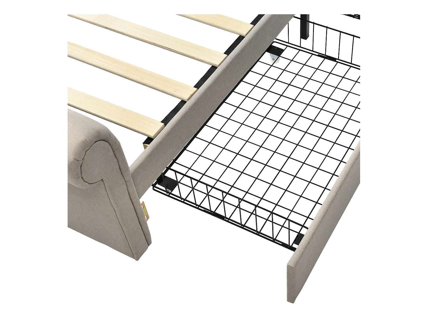 Lit adulte 90x200cm avec 2 tiroirs et tête de lit réglable, lin, beige, sans matelas