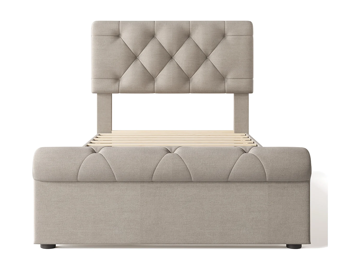 Lit adulte 90x200cm avec 2 tiroirs et tête de lit réglable, lin, beige, sans matelas