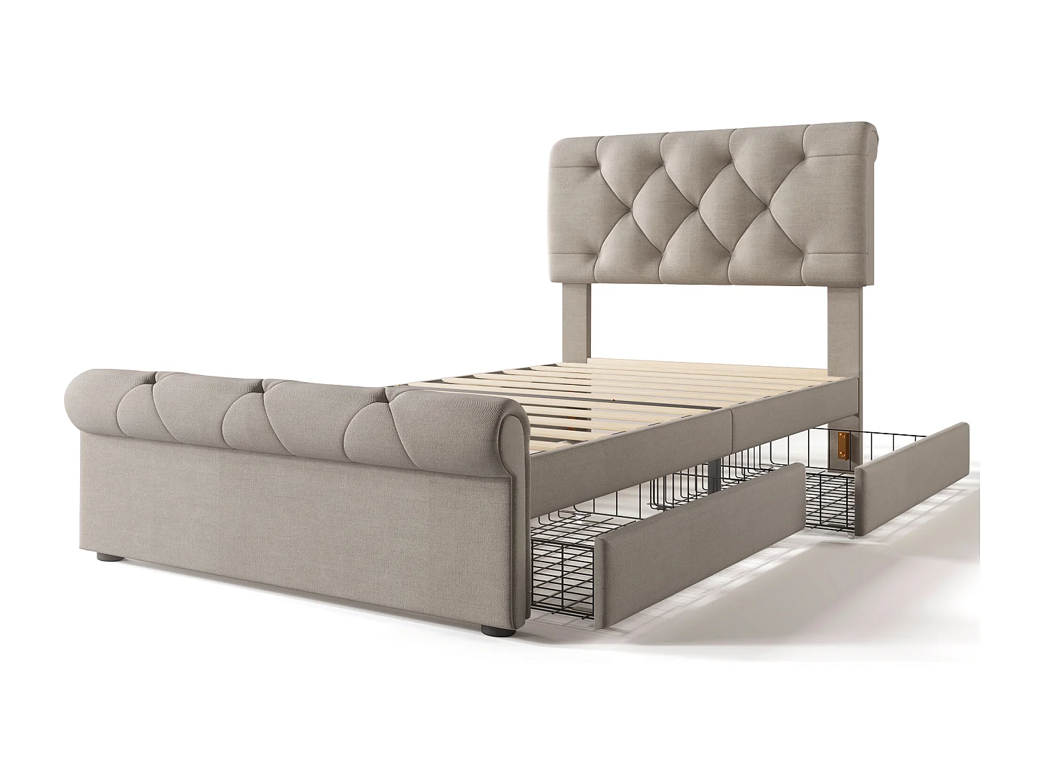 Lit adulte 90x200cm avec 2 tiroirs et tête de lit réglable, lin, beige, sans matelas