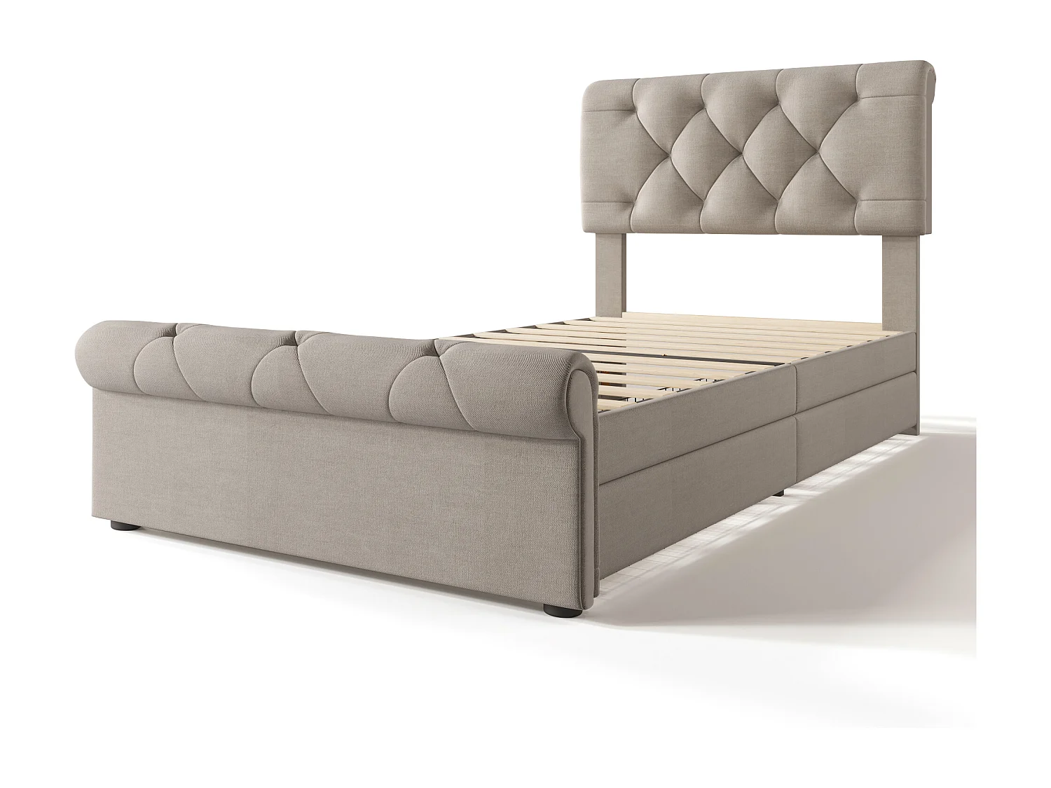 Lit adulte 90x200cm avec 2 tiroirs et tête de lit réglable, lin, beige, sans matelas