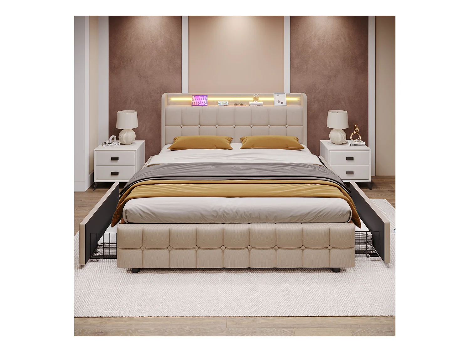 Cama adulta 140x200 cm beige con 4 cajones, puerto USB y luces LED, lino, somier de láminas, sin colchón