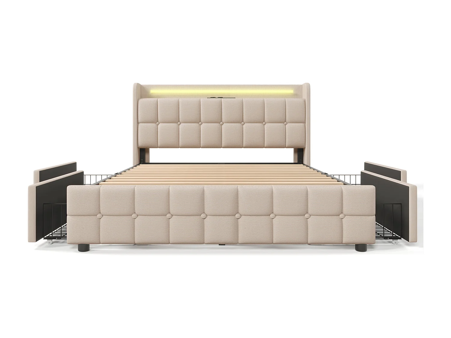 Cama adulta 140x200 cm beige con 4 cajones, puerto USB y luces LED, lino, somier de láminas, sin colchón