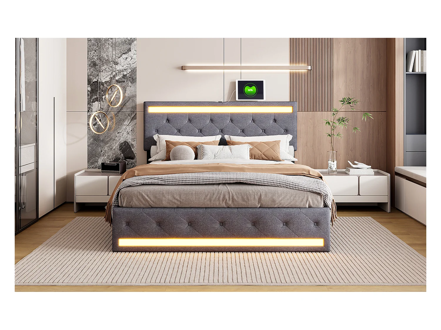 Lit double rembourré, cadre de lit, lit double, 4 tiroirs, lit de rangement, tête de lit réglable, 140x200 cm/160x200 cm/180x200, lin, gris, sans matelas