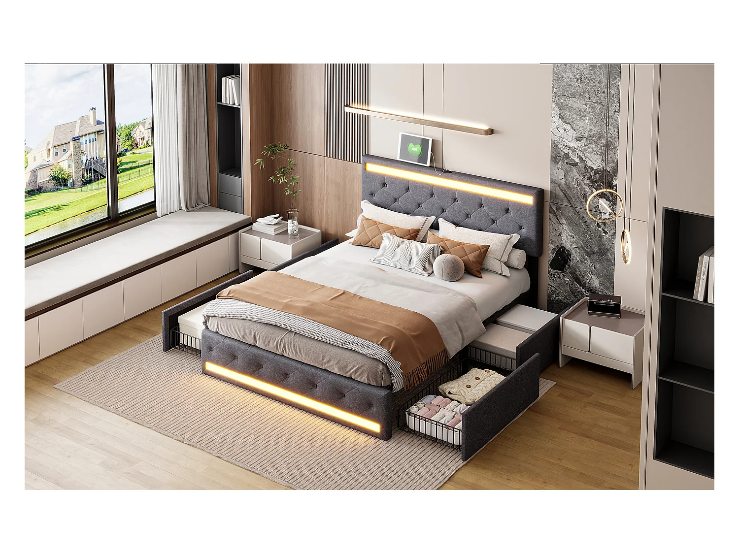 Lit double rembourré, cadre de lit, lit double, 4 tiroirs, lit de rangement, tête de lit réglable, 140x200 cm/160x200 cm/180x200, lin, gris, sans matelas