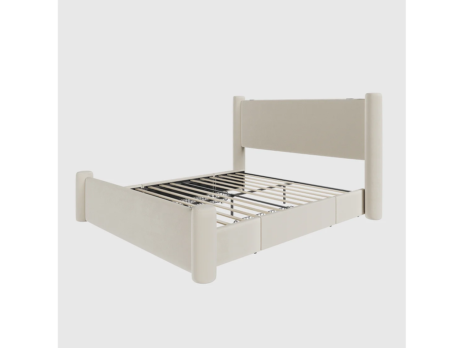 Cama de adulto 140x200 cm com 2 gavetas e porta USB tipo C, estofada em veludo bege, sem colchão