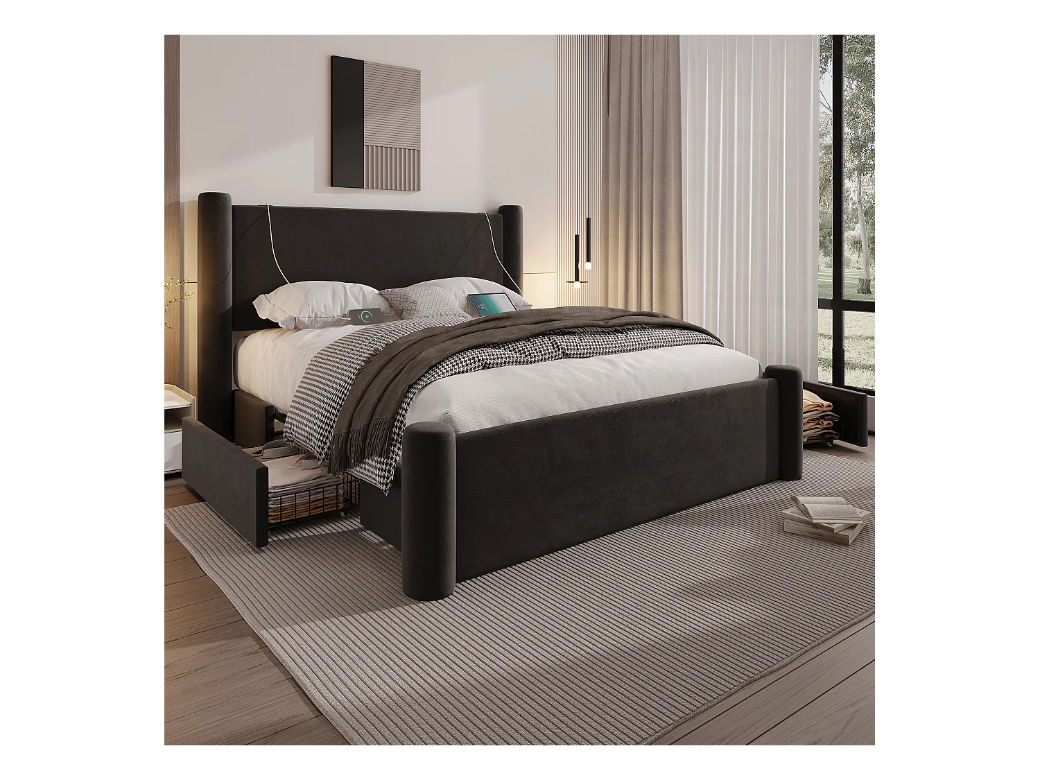 Lit adulte 160x200cm avec 2 tiroirs et USB type-C, velours noir, sans matelas