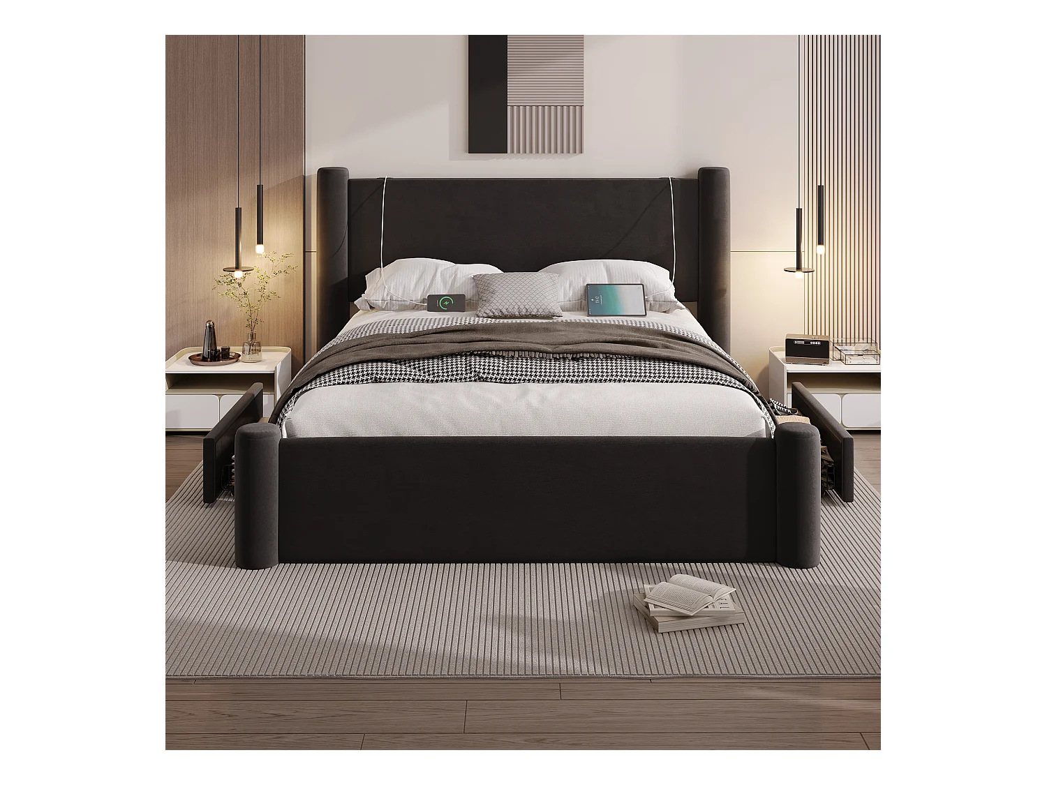 Lit adulte 160x200cm avec 2 tiroirs et USB type-C, velours noir, sans matelas