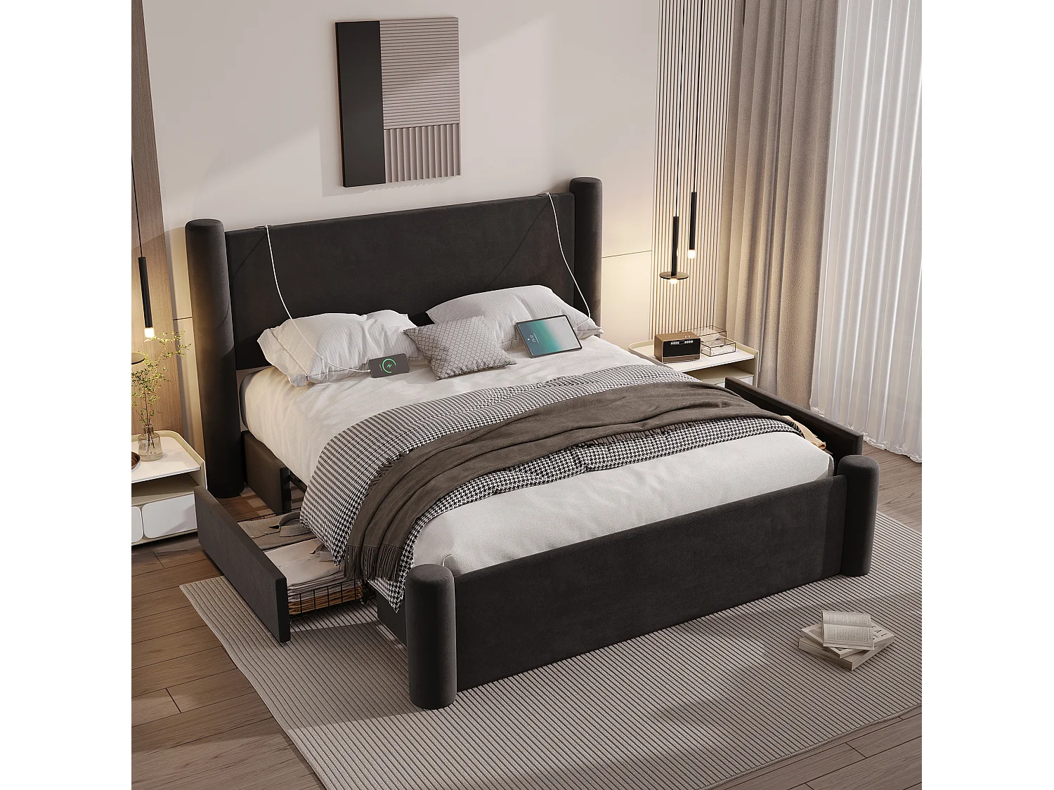 Lit adulte 160x200cm avec 2 tiroirs et USB type-C, velours noir, sans matelas