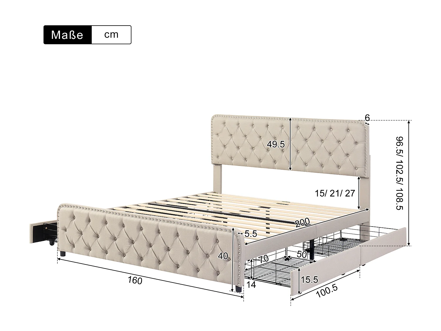 Lit adulte 160x200cm avec 4 tiroirs et tête de lit réglable, lin beige, sans matelas
