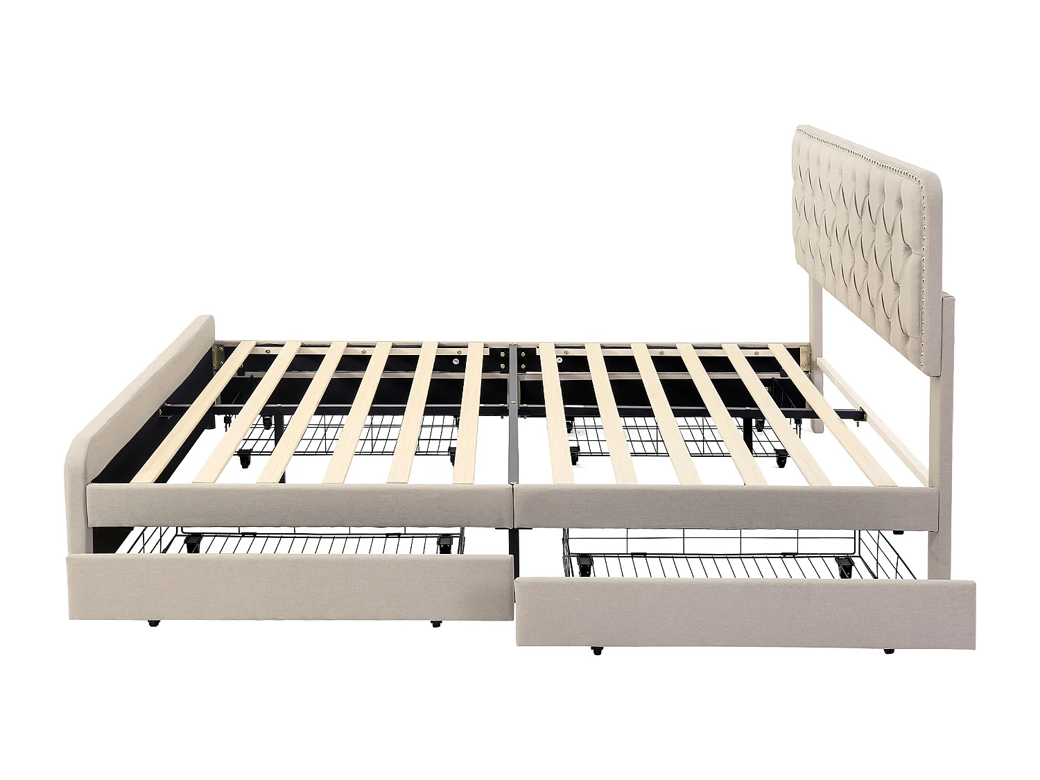 Lit adulte 160x200cm avec 4 tiroirs et tête de lit réglable, lin beige, sans matelas