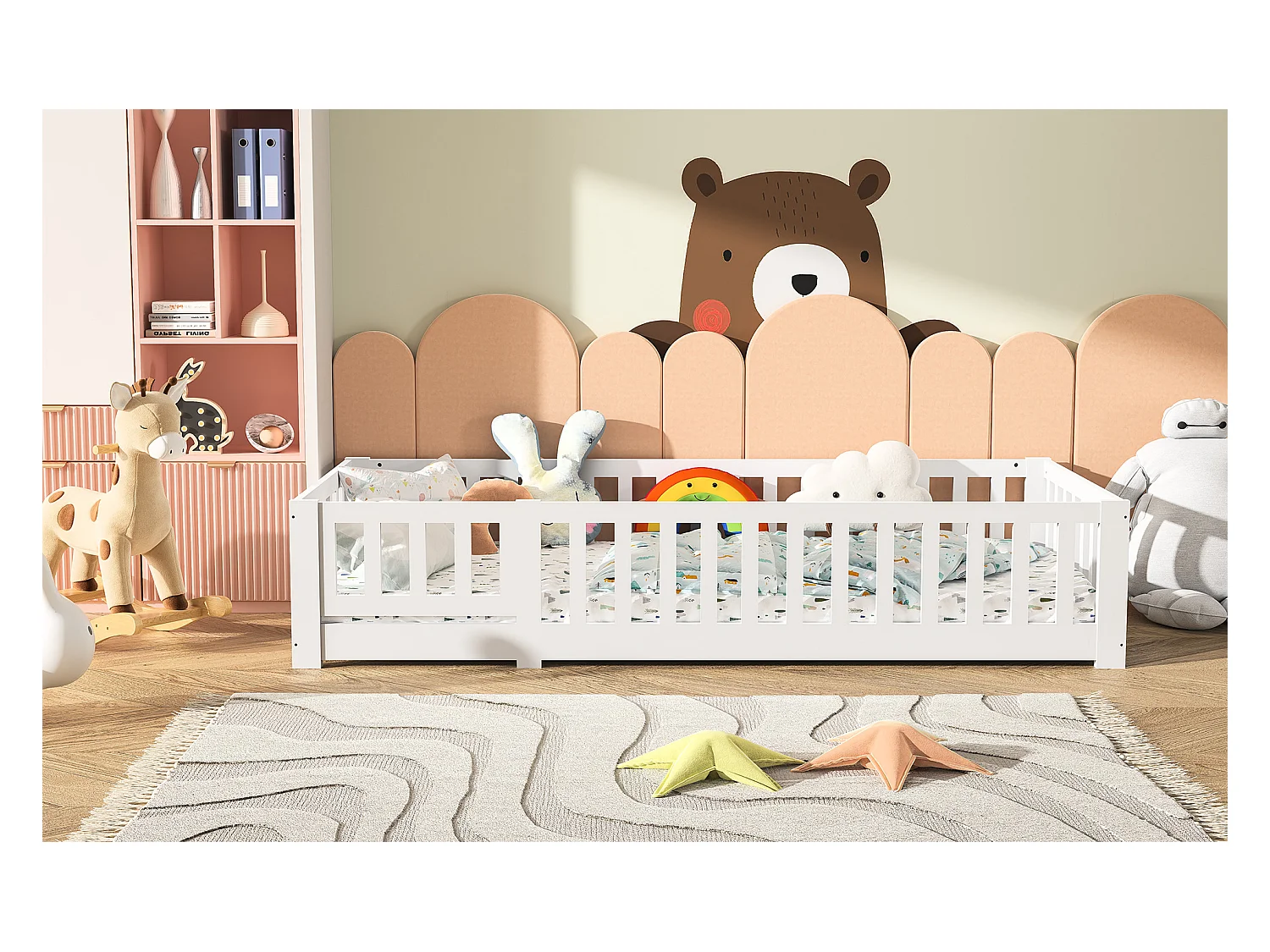 Lit enfant Montessori 90 x 200 cm avec porte, protection antichute et sommier à lattes pour garçons et filles, en bois de pin massif, sans matelas