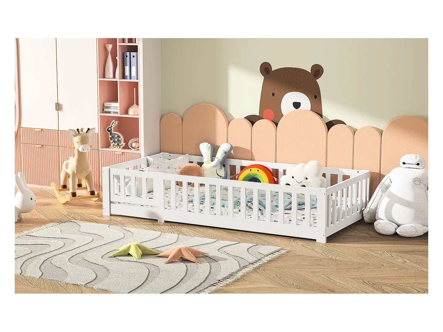 Lit enfant Montessori 90 x 200 cm avec porte, protection antichute et sommier à lattes pour garçons et filles, en bois de pin massif, sans matelas