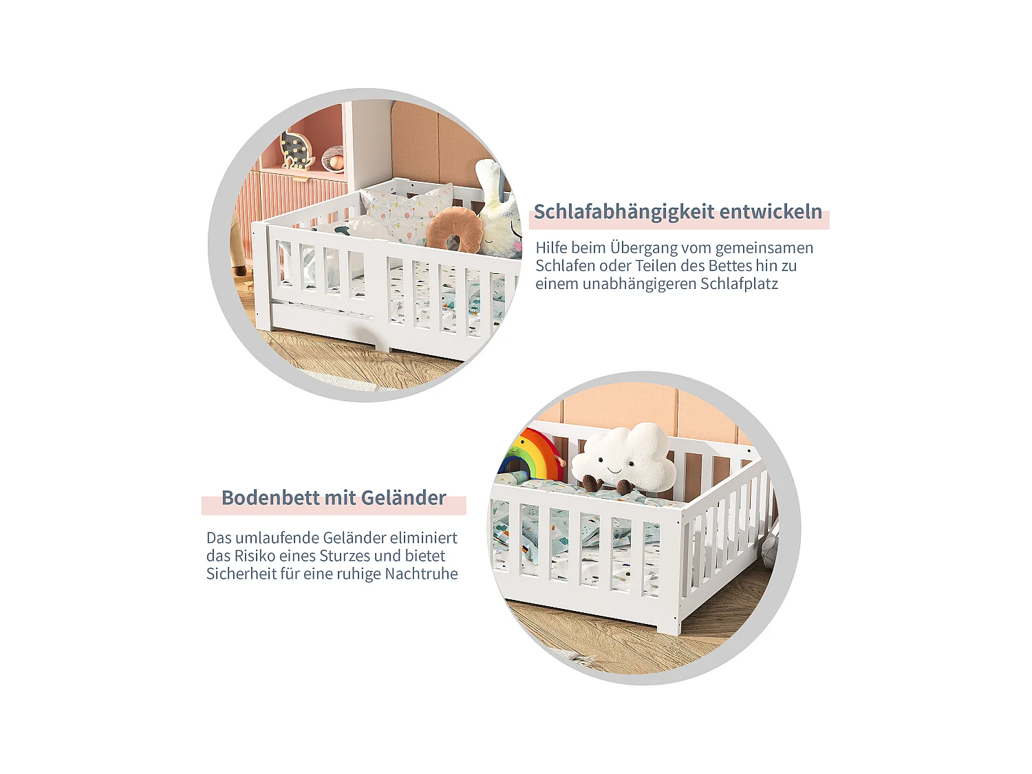 Lit enfant Montessori 90 x 200 cm avec porte, protection antichute et sommier à lattes pour garçons et filles, en bois de pin massif, sans matelas