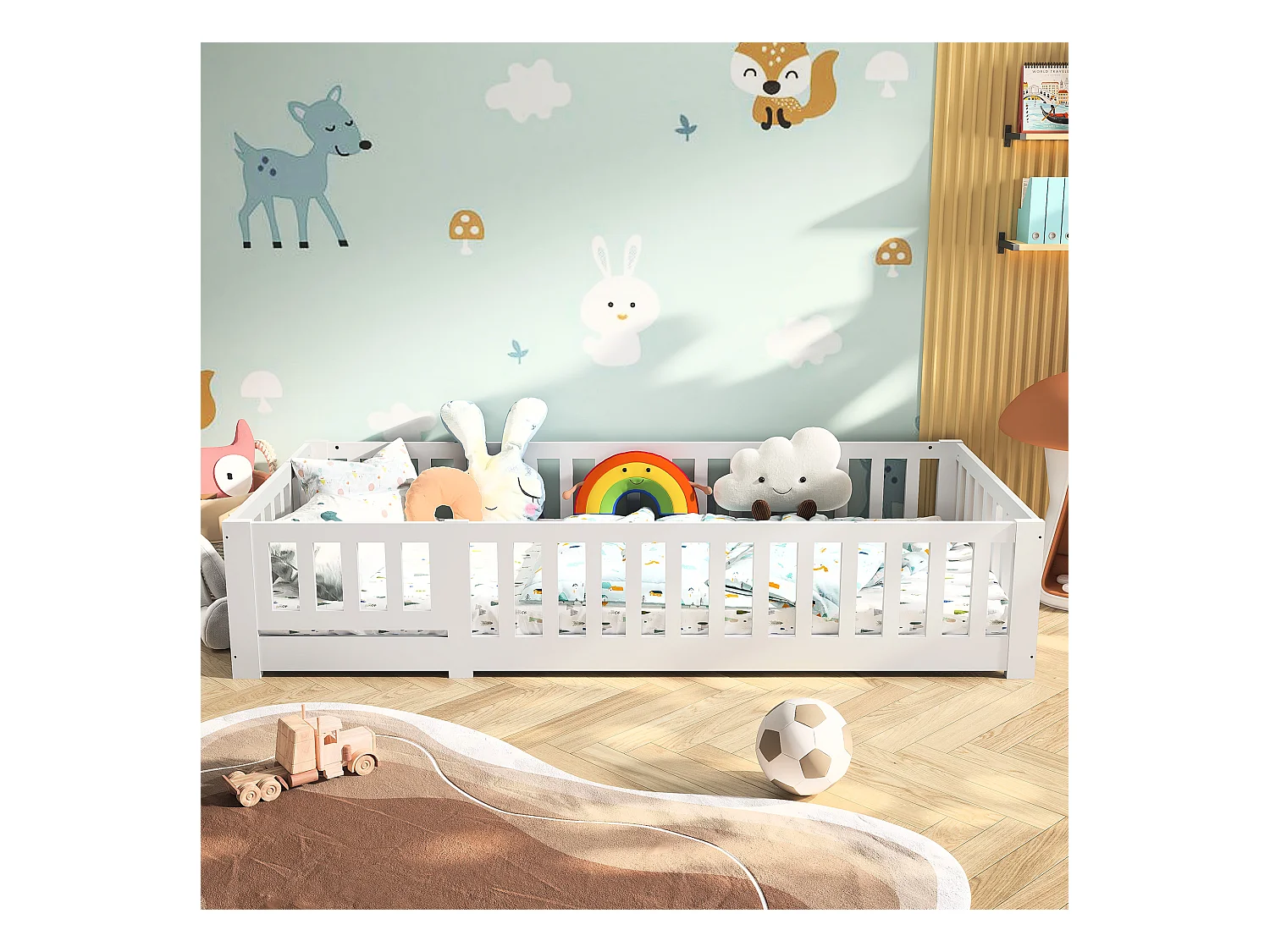 Lit enfant Montessori 90 x 200 cm avec porte, protection antichute et sommier à lattes pour garçons et filles, en bois de pin massif, sans matelas