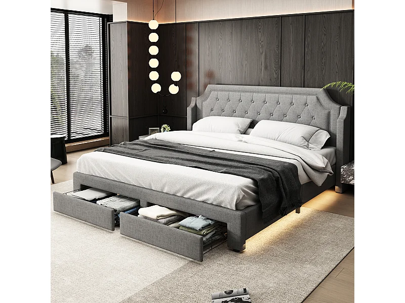 Volwassenenbed 180x200 cm met 2 lades en LED, lattenbodem, linnen grijs, zonder matras