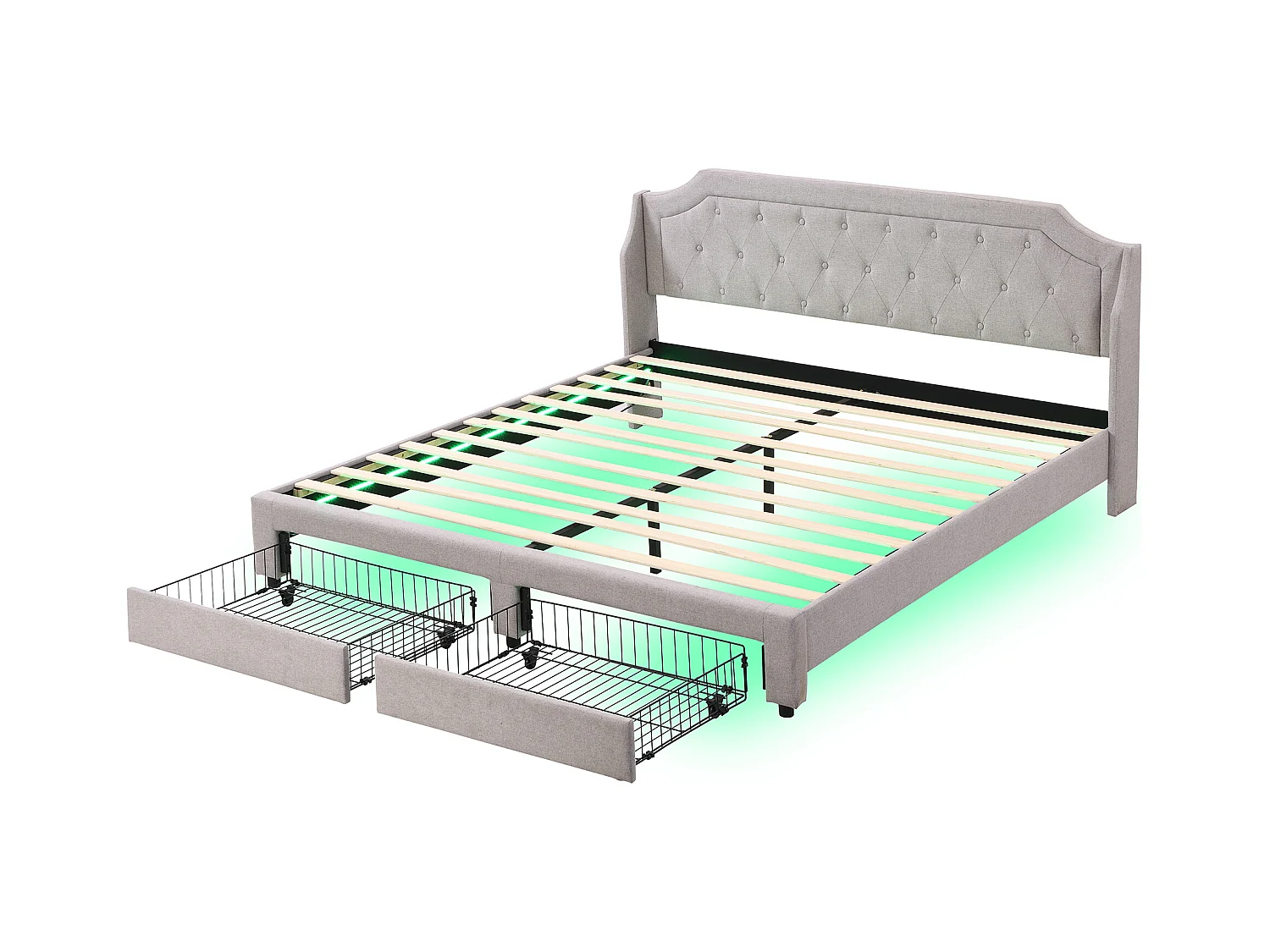 Volwassenenbed 180x200 cm met 2 lades en LED, lattenbodem, linnen grijs, zonder matras