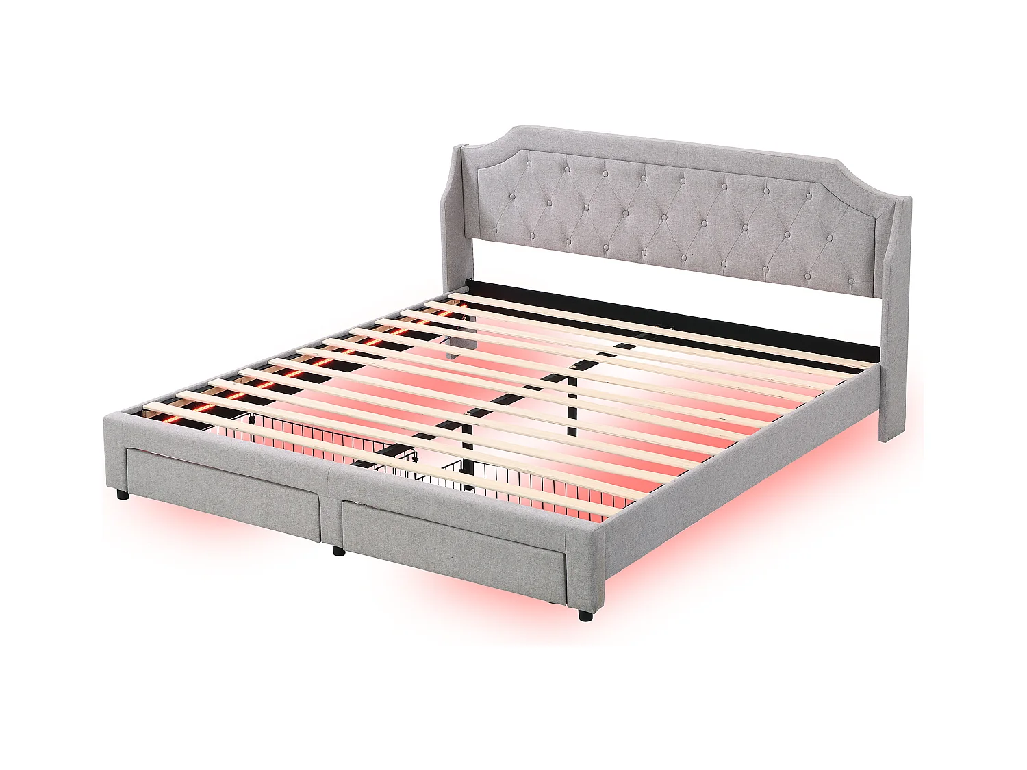 Volwassenenbed 180x200 cm met 2 lades en LED, lattenbodem, linnen grijs, zonder matras