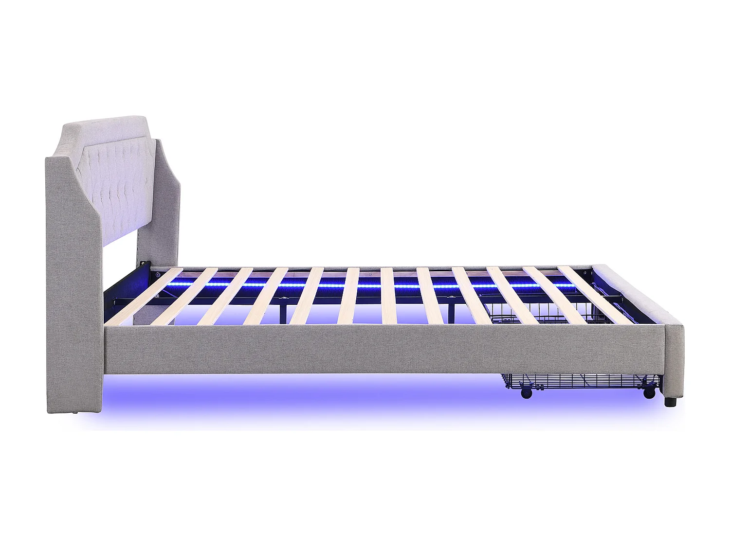 Cama para adulto 180x200 cm con 2 cajones y LED, somier de lamas, lino gris, sin colchón