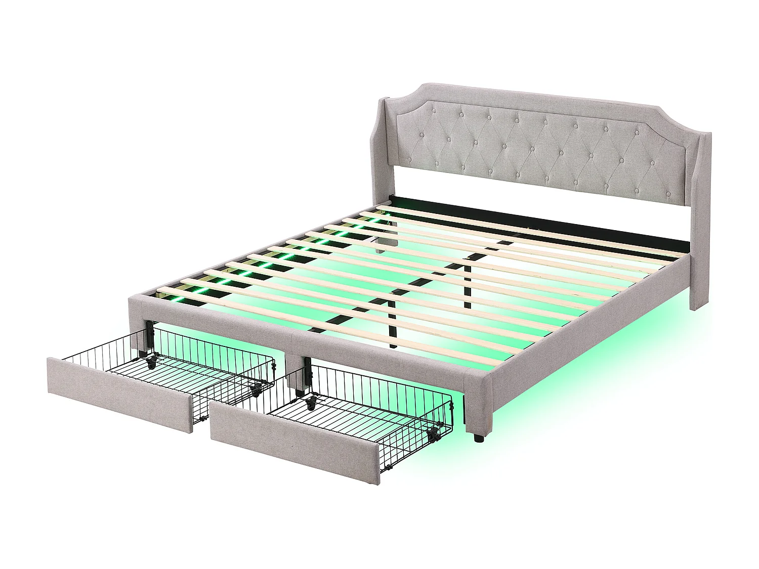 Cama para adulto 180x200 cm con 2 cajones y LED, somier de lamas, lino gris, sin colchón