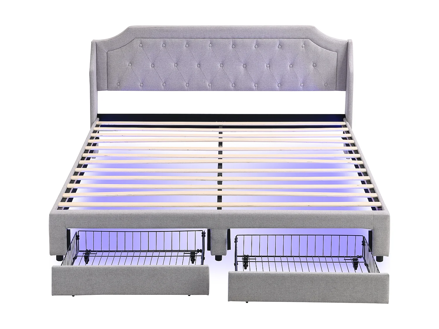 Cama para adulto 180x200 cm con 2 cajones y LED, somier de lamas, lino gris, sin colchón