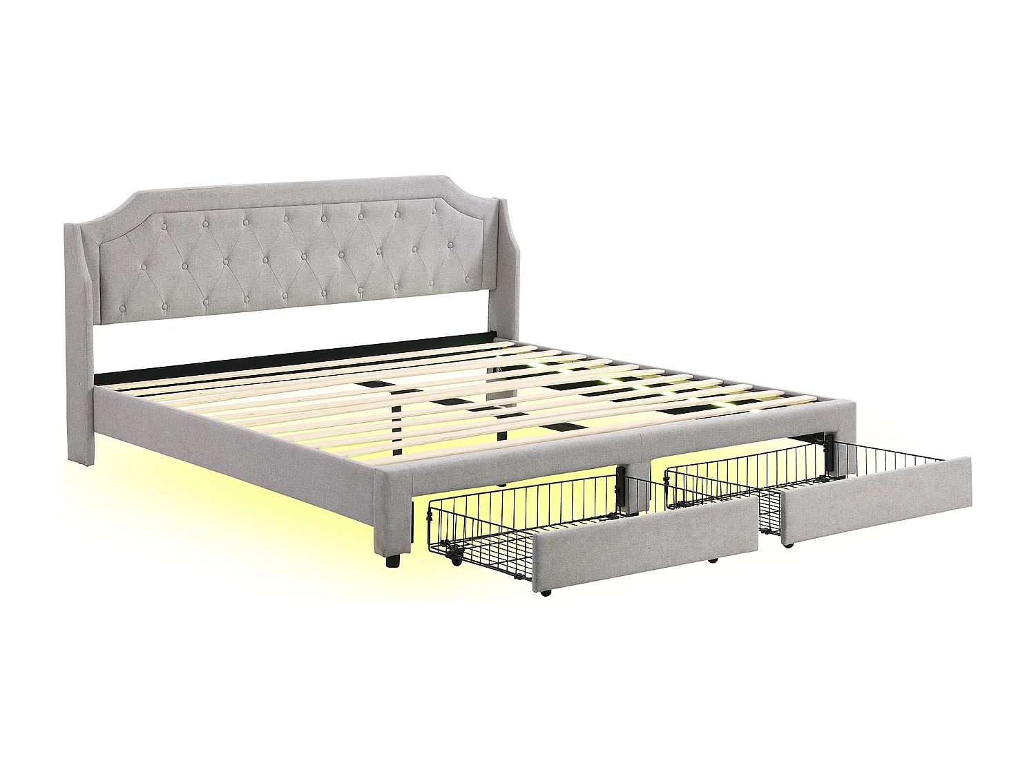 Lit adulte 180x200cm avec 2 tiroirs et LED, sommier à lattes,en lin gris, sans matelas