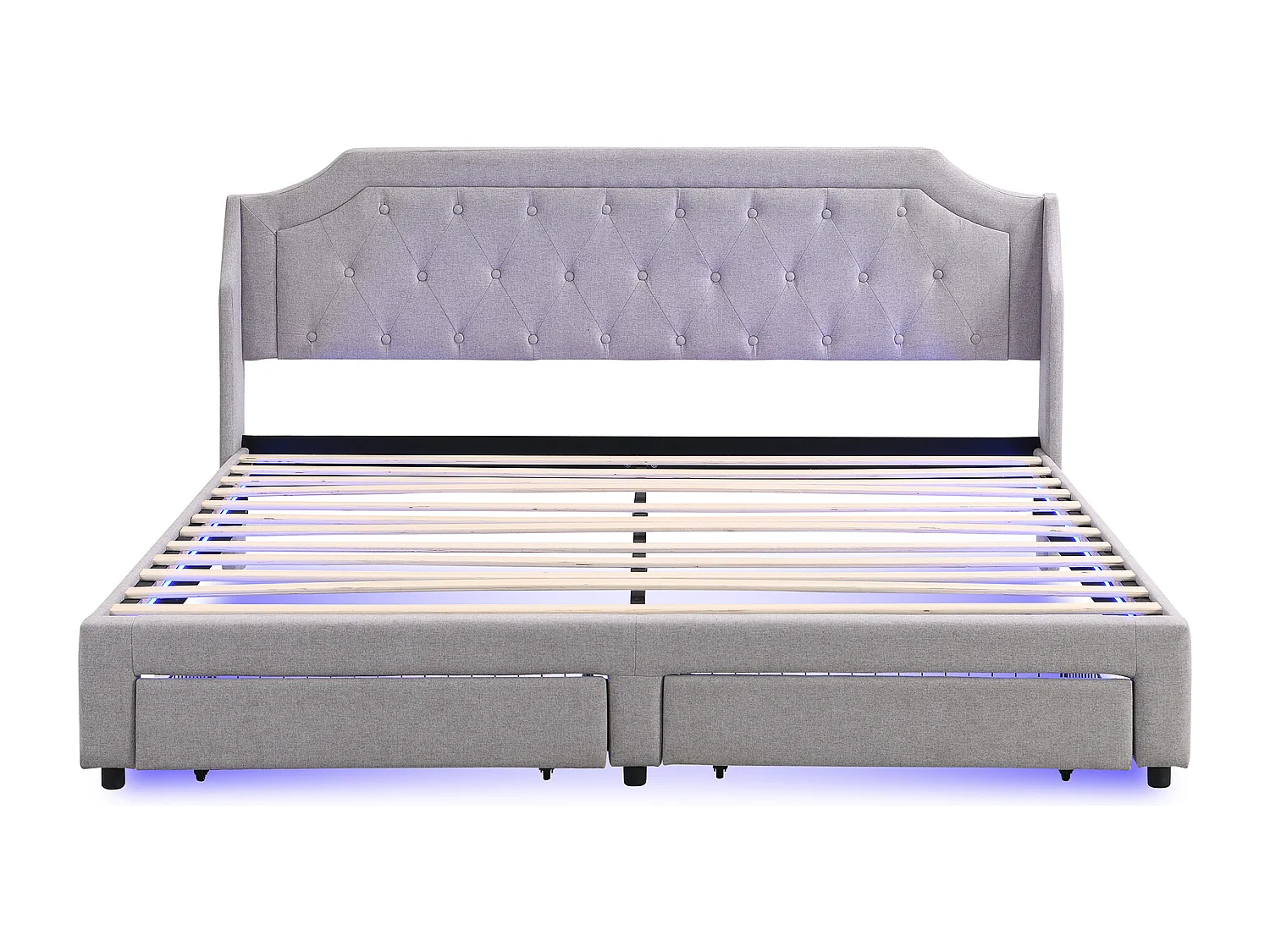 Lit adulte 180x200cm avec 2 tiroirs et LED, sommier à lattes,en lin gris, sans matelas